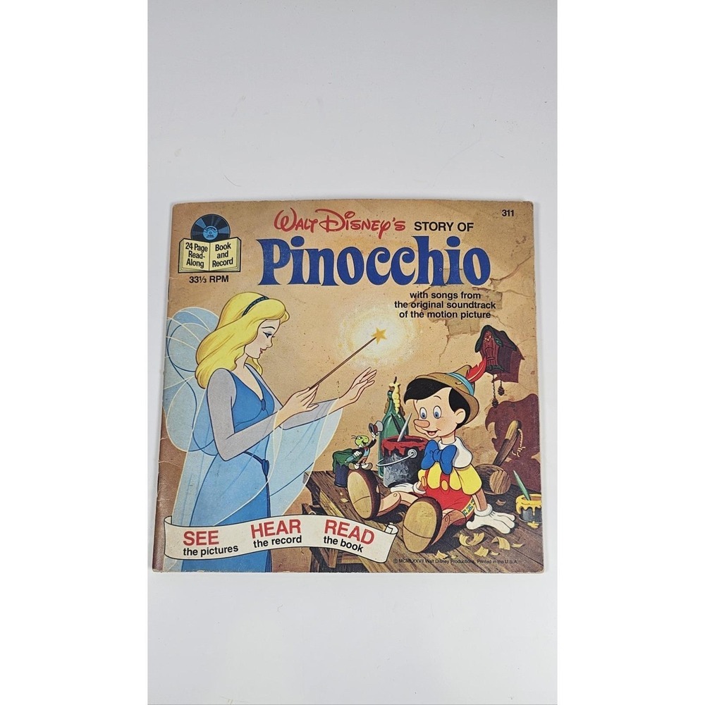 Pinocchio Vintage 1977 Walt Disney Story Read-Along Book & Record 33rpm 7" Vinyl